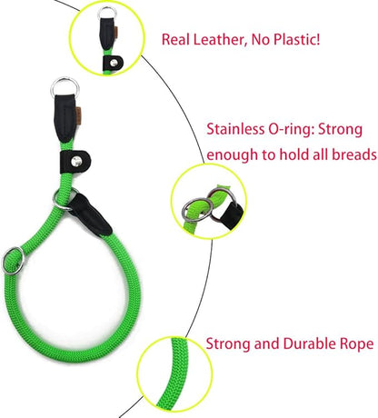 Braided Round Martingale Dog Collar, Training Collar with Slidable Stop Ring and Adjustable Stopper - Ideal for Extra Large Dogs (XL(1/2") - 24" Long, Light Green)