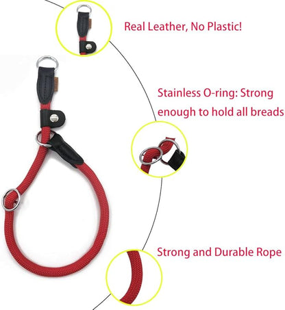 Braided Round Martingale Dog Collar, Training Collar with Slidable Stop Ring and Adjustable Stopper - Ideal for Extra Large Dogs (XL(1/2") - 24" Long, Red)