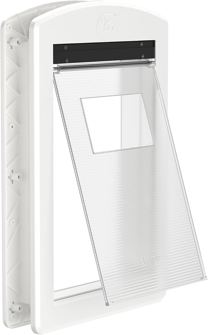 Dog Door with Rigid Flap, Heavy Duty Pet Door for Large Dogs, Sturdy Plastic Doggy Door & Cat Door with Sliding Lock Panel (White, Large)