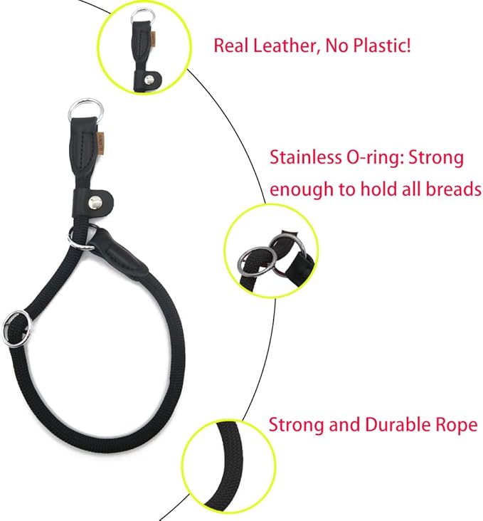 Braided Round Martingale Dog Collar, Training Collar with Slidable Stop Ring and Adjustable Stopper - Ideal for Small Dogs (S(1/4") - 14" Long, Black)