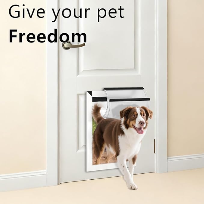 [MAVRICPOWER] Aluminum Large Dog Door for Door, Doggie Door with 2 Sliding Lock Panels for Extreme Weather, Doggy Door for Dogs Up to 80 lbs