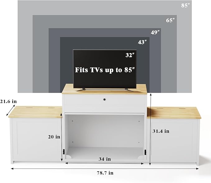78" Dog Crate Furniture TV Stand, Tiered Dog Kennel for Medium Dogs with Stepped Design, Wooden Dog Cage with Storage Cabinets & Drawer, Heavy Duty Indoor Door House Media Console, White