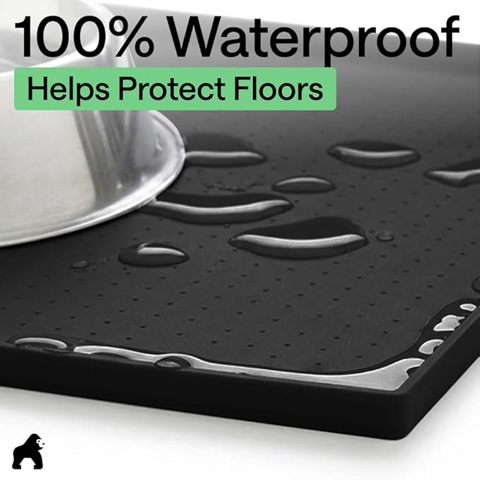 GORILLA GRIP 100% Waterproof Raised Edge BPA Free Silicone Pet Feeding Mat, Dog Cat Food Mats Contain Spills Protects Floors, Placemats for Cats and Dogs Water Bowl, Pets Accessories 18.5x11.5 Black