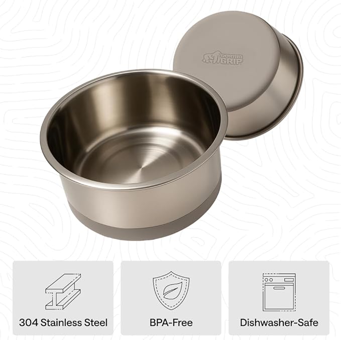 GORILLA GRIP Dog Bowls, Food Grade 304 Stainless Steel, Holds 4 Cups Each (32 fl oz) Food and Water Bowl for Feeding Dogs and Cats, Dishwasher Safe, Rust Resistant, BPA Free Rubber Base Set of 2 Beige