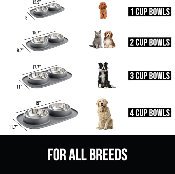 GORILLA GRIP Feeding Mat Bowl Set, 100% Waterproof BPA Free Silicone Base, 304 Stainless Steel Cat and Dog Bowls for Food and Water, Slip Resistant, High Edge, US Designed, Patent Pending, 1 Cup Gray