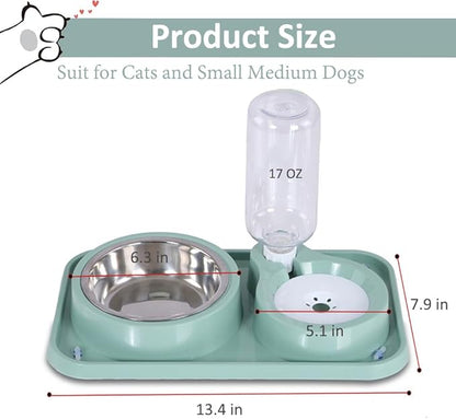Dog Bowls, Non-Slip Puppy Cat Food and Water Bowl Set with Water Dispenser and Stainless Steel Bowl Detachable Gravity Pet Feeder and Waterer Set for Cats Dogs Puppy Rabbit (Blue, 500ML)