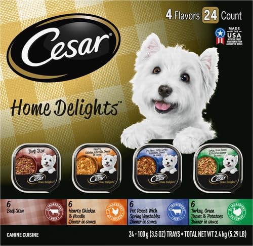 Cesar Home Delights Adult Wet Dog Food,Pot Roast with Spring Vegetables,Beef Stew,Turkey,Green Beans,& Potatoes,and Hearty Chicken & Noodle Dinner in Sauce Variety Pack,3.5 oz.,24 Count (Pack of 2)