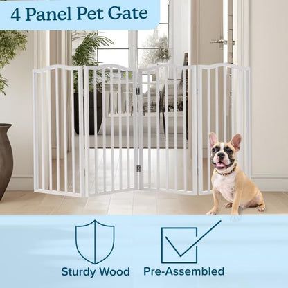 Pet Gate - 4-Panel Indoor Foldable Dog Fence for Stairs, Hallways, or Doorways - 72x32-Inch Wood Freestanding Dog Gates by PETMAKER (White)