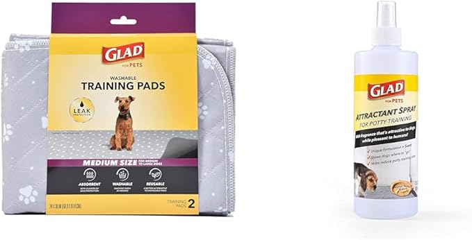 Glad for Pets Eco-Friendly Training Kit: 24"x36" Medium Washable Pads (2 Count) & Peanut Butter Scented Attractant Spray (16oz) for Efficient Dog Potty Training