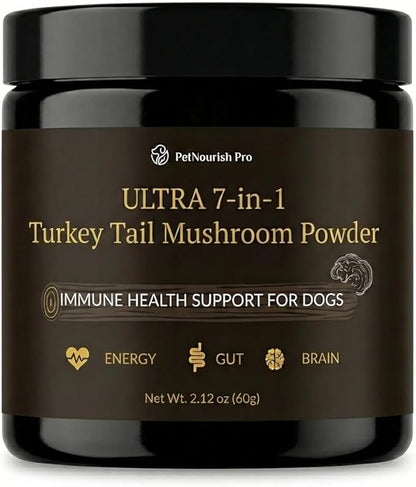 Turkey Tail Mushroom for Dogs – Ultra 7-in-1 Mushroom Powder with Beta-Glucans, Immune, Digestive & Brain Support, Chicken Liver Flavor, Daily Supplement for Dogs