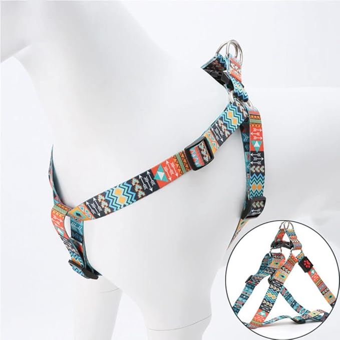 Dog Harness and Leash Set, Pretty Pattern No-Pull Pet Halter Puppy Vest Outdoor Easy Walk for Small Medium Large Breed Pug Bully Mastiff Dogs Female Male, Boho L