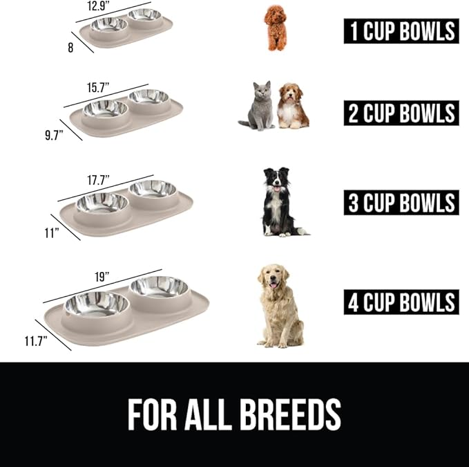 GORILLA GRIP Feeding Mat Bowl Set, 4 Cup 100% Waterproof BPA Free Silicone Base, 304 Stainless Steel Cat and Dog Bowls for Food and Water, Slip Resistant, High Edge, US Designed, Patent Pending, Beige