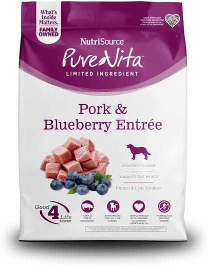 NutriSource Pure Vita Grain Free Pork & Blueberry Dog Food, 25LB