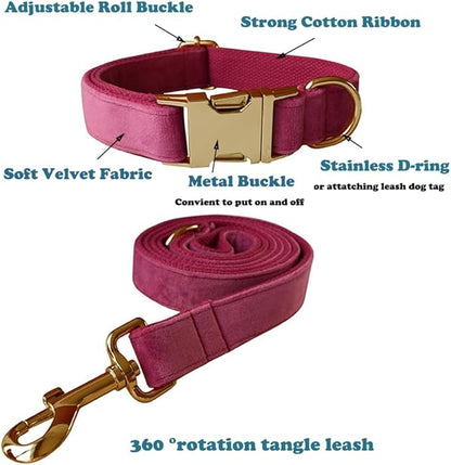 Love Dream Velvet Dog Collar and Leash Set, Soft & Comfy Adjustable Dog Leash and Collar with Heavy Duty Metal Buckle for Small Medium Large Dogs Training & Walking (Medium, Rose)
