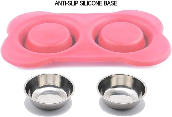 AsFrost Dog Food Bowls Stainless Steel Pet Bowls & Dog Water Bowls with No-Spill and Non-Skid, Feeder Bowls with Dog Bowl Mat for Dogs Cats and Pets-Pink, 24 0z in Total