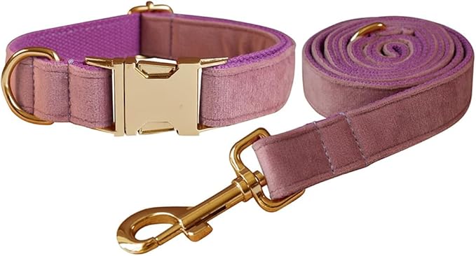 Love Dream Velvet Dog Collar and Leash Set, Soft & Comfy Adjustable Dog Leash and Collar with Heavy Duty Metal Buckle for Small Medium Large Dogs Training & Walking (Medium, Light Purple)