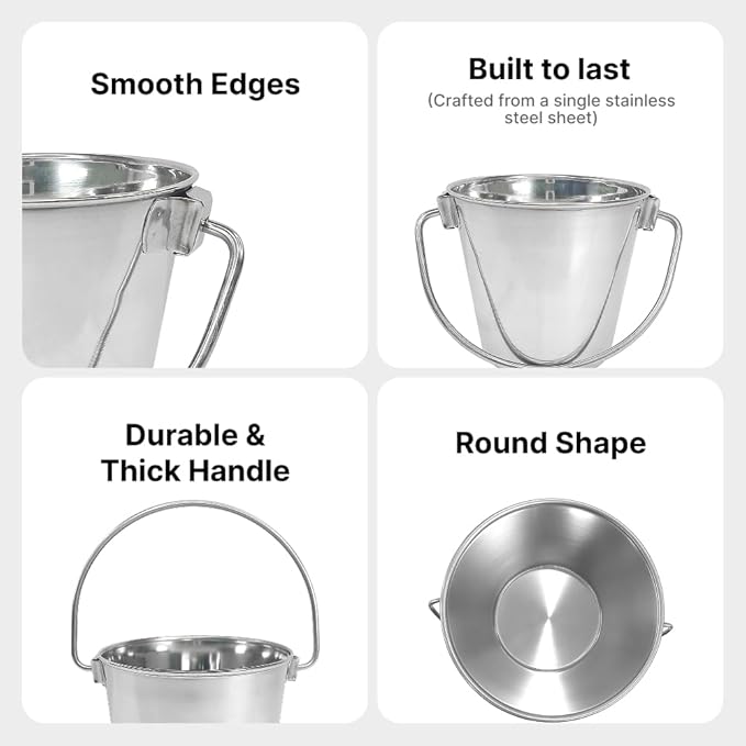 Heavy Duty Stainless Steel Bucket, 1 Quart – Durable Small Metal Bucket for Feeding, Watering Pets & Cleaning – Perfect for Kennels, Critter Crates, Cages and Hanging on Fences