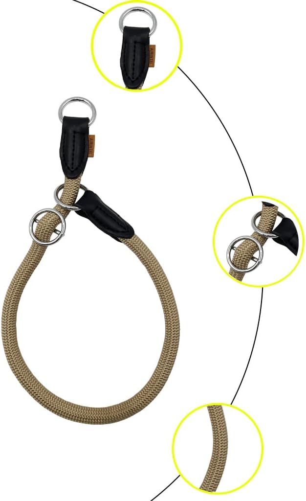 Braided Round Martingale Dog Collar, Training Collar with Slidable Stop Ring - Ideal for Medium/Large Dogs (M+(1/2") - 18" Long, Khaki)