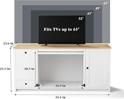 55 ” Wooden Dog Crate Furniture for Medium Dogs, End Table Sideboard Heavy Duty Dog House TV Stand with Pull-Out Feeding Station, Storage Cabinets and Drawer, Decorative Indoor White
