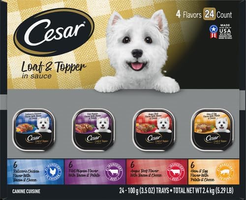 Cesar Loaf in Sauce Wet Dog Food Rotisserie Chicken,Filet Mignon,Angus Beef,and Ham & Egg Flavors Variety Pack,Wet Food for Dogs,3.5 oz Easy Peel Trays,24 Count (Pack of 2)