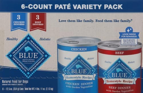 Blue Buffalo Homestyle Recipe Adult Wet Dog Food,Made with Natural Ingredients,Chicken and Beef Dinner Variety Pack,12.5-oz Cans,(Pack of 12)