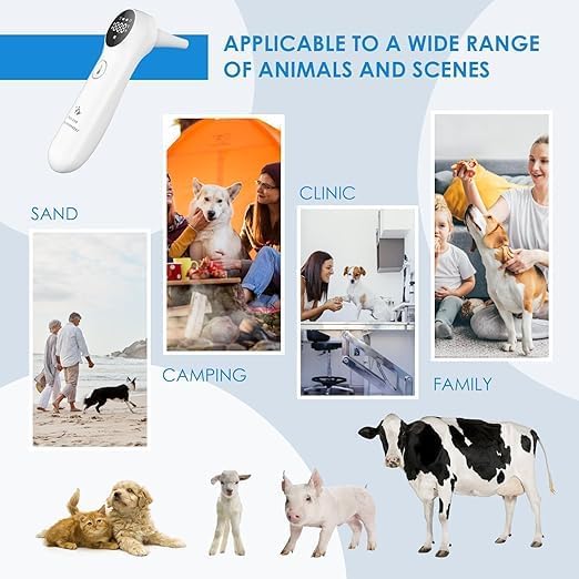 Pet Ear Thermometer for Dogs, Cats, and Livestock, Long Probe Designed, ℃/ ℉ Convert and Sound Switch Dedicated Button, 1 Second Measurement, 20 pcs Pet Swabs Included(White)