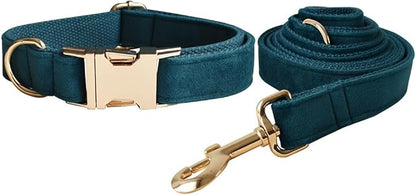 Love Dream Velvet Dog Collar and Leash Set, Soft & Comfy Adjustable Dog Leash and Collar with Heavy Duty Metal Buckle for Small Medium Large Dogs Training & Walking (Small, Peacock Green)