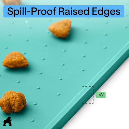 GORILLA GRIP 100% Waterproof Raised Edge BPA Free Silicone Pet Feeding Mat, Dog Cat Food Mats Contain Spills Protects Floors, Placemats for Cats and Dogs Water Bowl, Pets Accessories 16x10, Turquoise