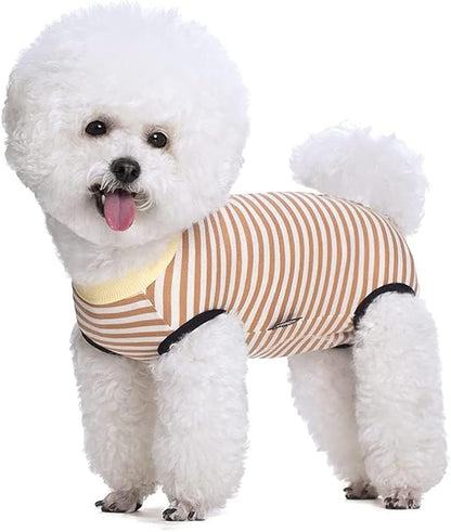 Dog Recovery Suit After Surgery,Spay Neuter Clothes for Female Dogs,Small Medium Dog Shirt,E-Collar Cone Alternative,Prevent Licking Wound Dog Onesie,Pet Surgical Suit(Brown White Stripe-s)