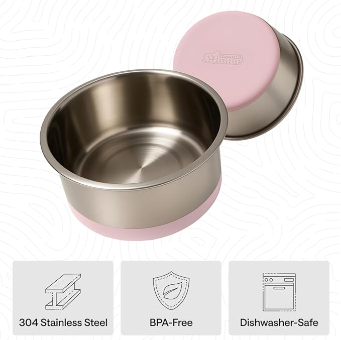 GORILLA GRIP Dog Bowls, Food Grade 304 Stainless Steel, Holds 4 Cups Each (32 fl oz) Food and Water Bowl for Feeding Dogs and Cats, Dishwasher Safe, Rust Resistant, BPA Free Rubber Base Set of 2 Pink