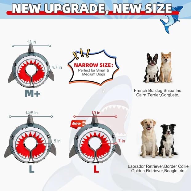 KOOLTAIL Inflatable Dog Cone Collar, Soft Donut E Collar for Dogs After Surgery to Stop Licking Enhanced Alternative, Blow Up Pet Neck Pillow Recovery Adjustable Cone for Dog Cat, Upgrade Size,Shark M