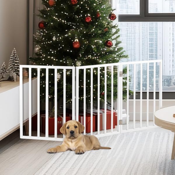 PETMAKER Pet Gate – Dog Gate for Doorways, Stairs or House– Freestanding, Folding, Accordion Style, Wooden Indoor Dog Fence (24-Inch, White)