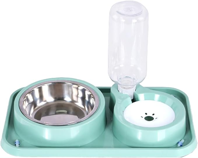 Dog Bowls, Non-Slip Puppy Cat Food and Water Bowl Set with Water Dispenser and Stainless Steel Bowl Detachable Gravity Pet Feeder and Waterer Set for Cats Dogs Puppy Rabbit (Green, 1000ML)