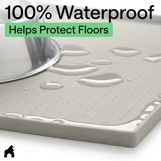 GORILLA GRIP 100% Waterproof Raised Edge BPA Free Silicone Pet Feeding Mat, Dog Cat Food Mats Contain Spills Protects Floors, Placemats for Cats, Dogs Water Bowl, Pets Accessories 16x10, Light Gray