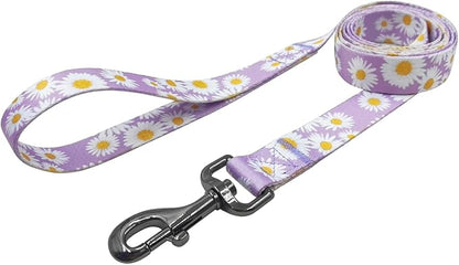 Dog Collar Leash Set, Floral Pattern, Polyester Material, Adjustable Collar and 5ft Matchcing Leash, for Small Dogs.(S, Light Purple Daisy)