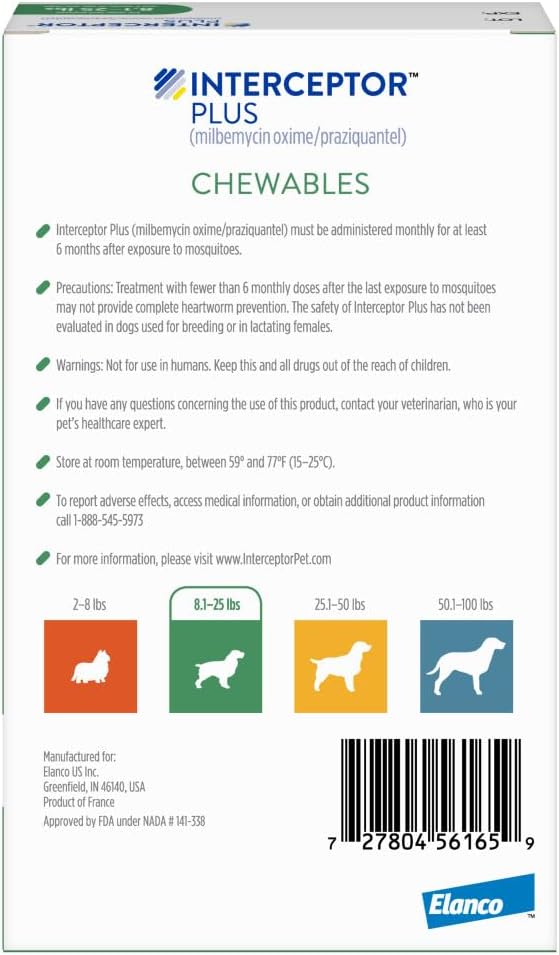 Interceptor Plus Prevention for Heartworm + 4 Other Worms for Dogs 8.1-25 lbs. | 6 Chews, 6-Month Supply