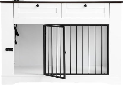 Large Dog Crate Furniture-Decorative Heavy Duty Dog Cage Indoor, Wooden Dog Cage End Table with Charging Station, Dog House with 2 Drawers (White, 47.2''L)