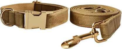 Love Dream Velvet Dog Collar and Leash Set, Soft & Comfy Adjustable Dog Leash and Collar with Heavy Duty Metal Buckle for Small Medium Large Dogs Training & Walking (Small, Khaki)