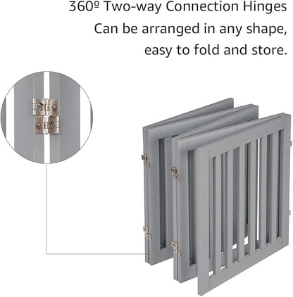 unipaws 24”H Free Standing Pet Gate for Dogs and Cats, Wooden Dog Gates for Doorway, Stairs, Dog Room Divider, Step Over Foldable Pet Fence for The House, Expandable Barrier, Indoor Use, Grey
