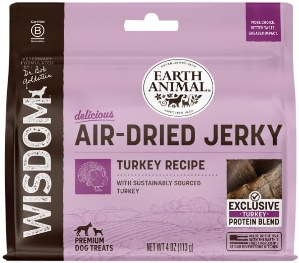Earth Animal Wisdom Air Dried Jerky - Turkey Recipe Premium Natural Jerky Strips Dog Treats - 4 oz Bag