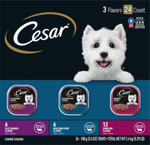 Cesar Filets in Gravy Adult Wet Dog Food Variety Package,Filet Mignon,New York Strip and Prime Rib Flavors,3.5 oz. Easy Peel Trays,Variety Pack,24 Count (Pack of 2)