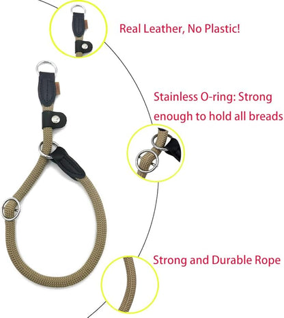 Braided Round Martingale Dog Collar, Training Collar with Slidable Stop Ring and Adjustable Stopper - Ideal for Small Dogs (S(1/4") - 14" Long, Khaki)
