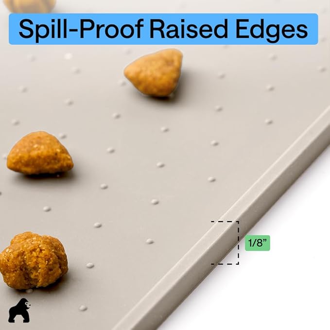 GORILLA GRIP 100% Waterproof Raised Edge BPA Free Silicone Pet Feeding Mat, Dog Cat Food Mats Contain Spills Protects Floors, Placemats for Cats and Dogs Water Bowl, Pets Accessories 23x15 Beige