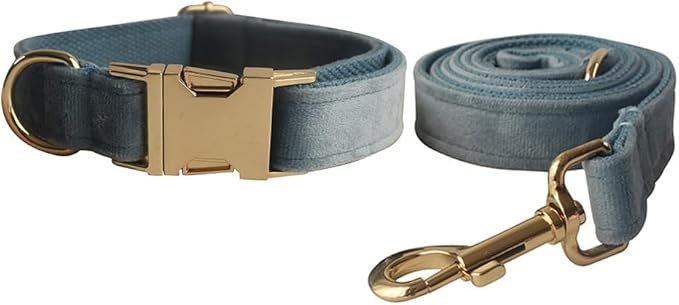 Love Dream Velvet Dog Collar and Leash Set, Soft & Comfy Adjustable Dog Leash and Collar with Heavy Duty Metal Buckle for Small Medium Large Dogs Training & Walking (Large, Pearl Blue)