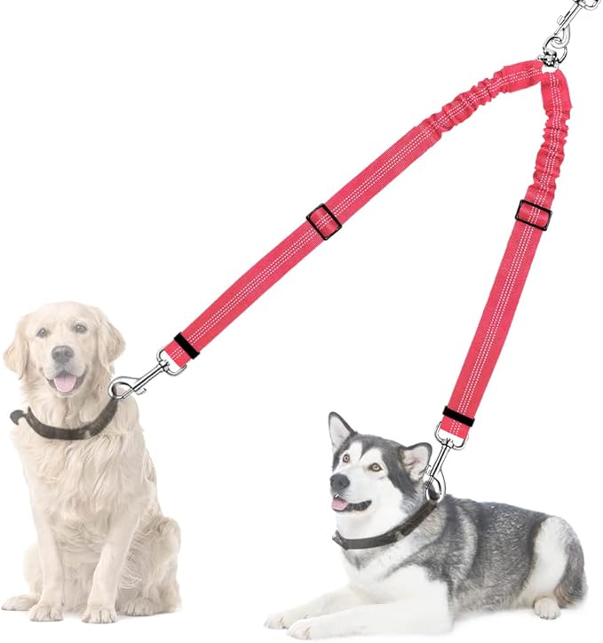 AUTOWT Double Dog Leash, No Tangle 360°Swivel Rotation Reflective Lead Attachment Adjustable Length Dual Two Dogs Lead Splitter, Comfortable Shock Absorbing Walking Training for 2 Dogs