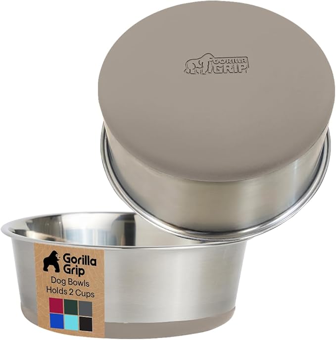 GORILLA GRIP Dog Bowls, Food Grade 304 Stainless Steel, Holds 2 Cups Each (16 fl oz) Food and Water Bowl for Feeding Dogs and Cats, Dishwasher Safe, Rust Resistant, BPA Free Rubber Base Set of 2 Beige