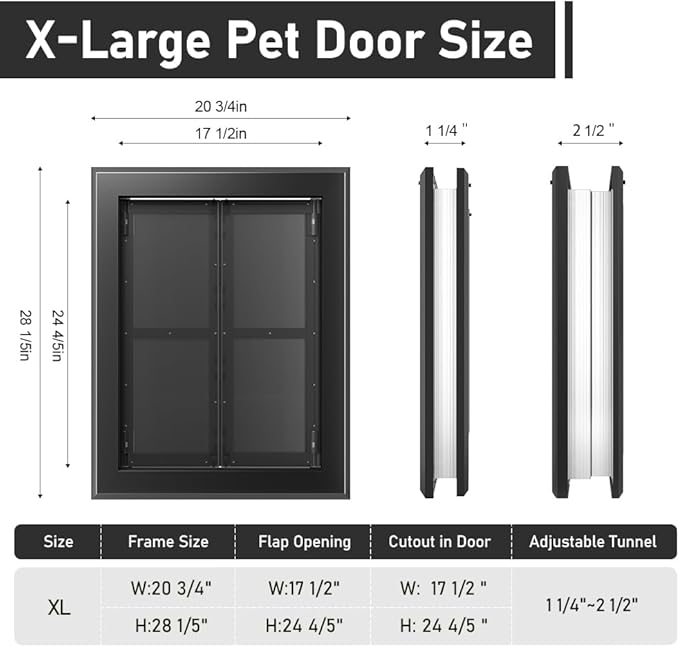 【PATAPLUS】 Aluminum French Large Dog Door,Strong Double Magnetic Flaps,with Aluminum Telescoping Tunnel Heavy-Duty Do g Door for X-Large and L arge Dog Up to 200LBS (Black, X-Large)
