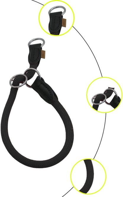 Braided Round Martingale Dog Collar, Training Collar with Slidable Stop Ring - Ideal for Small Medium Dogs (M- (1/3") - 18" Long, Black)