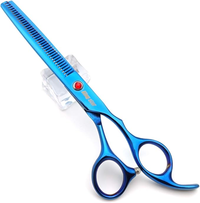 KINGSTAR 7.0in Titanium Blue Professional Pet Grooming Scissors Set,Straight & Thinning & Curved Scissors 4pcs Set for Dog Grooming,(Blue)