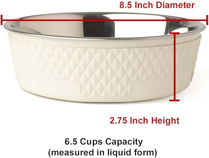 PetRageous 16011 Kona Stainless Steel Non-Slip Dishwasher-Safe Dog Bowl 6.5-Cup 8.5-Inch Diameter 2.75-Inch Tall for Large and Extra Large Dogs and Cats, White